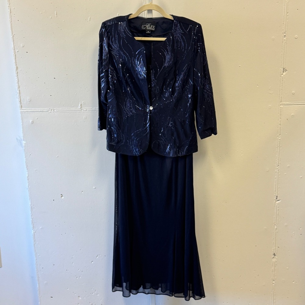 Alex Evenings Navy Blue Sequin 2 pc Dress Jacket Set Formal Mother of the Bride‎